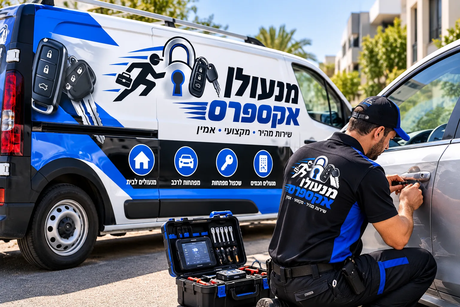 רכב ממותג וטכנאי מנעולן אקספרס בעבודה